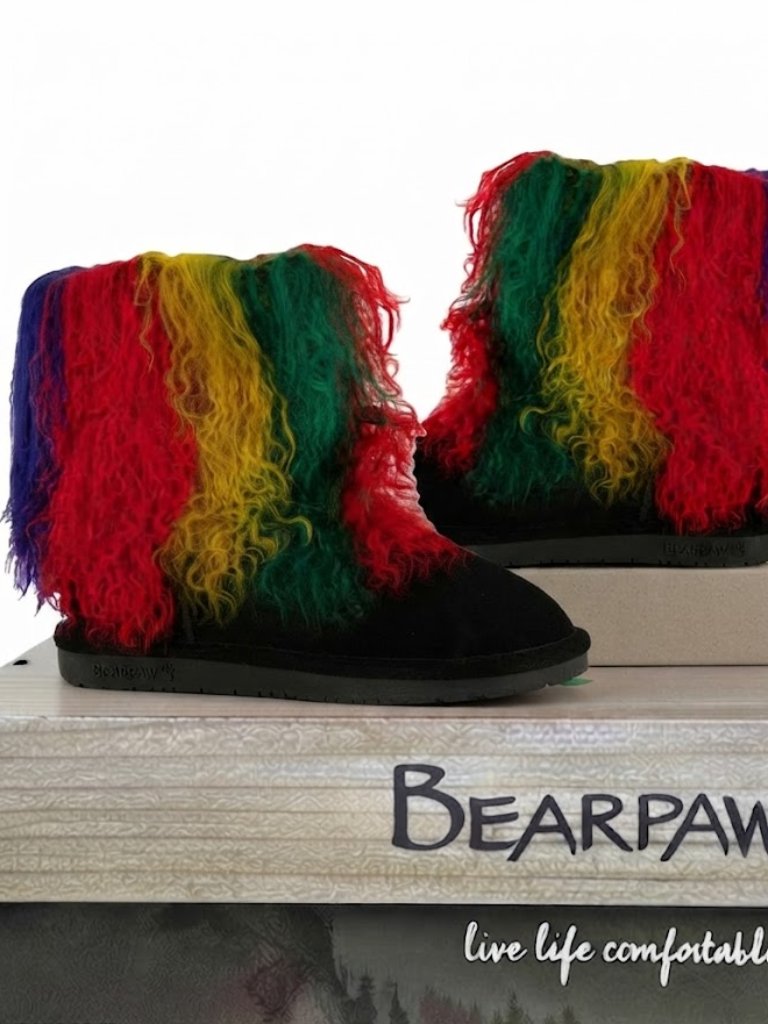 Bearpaw Boo Rasta Tie Dye Shearling Wool Curly Lamb Fur Boho Sherpa Boots 8 New